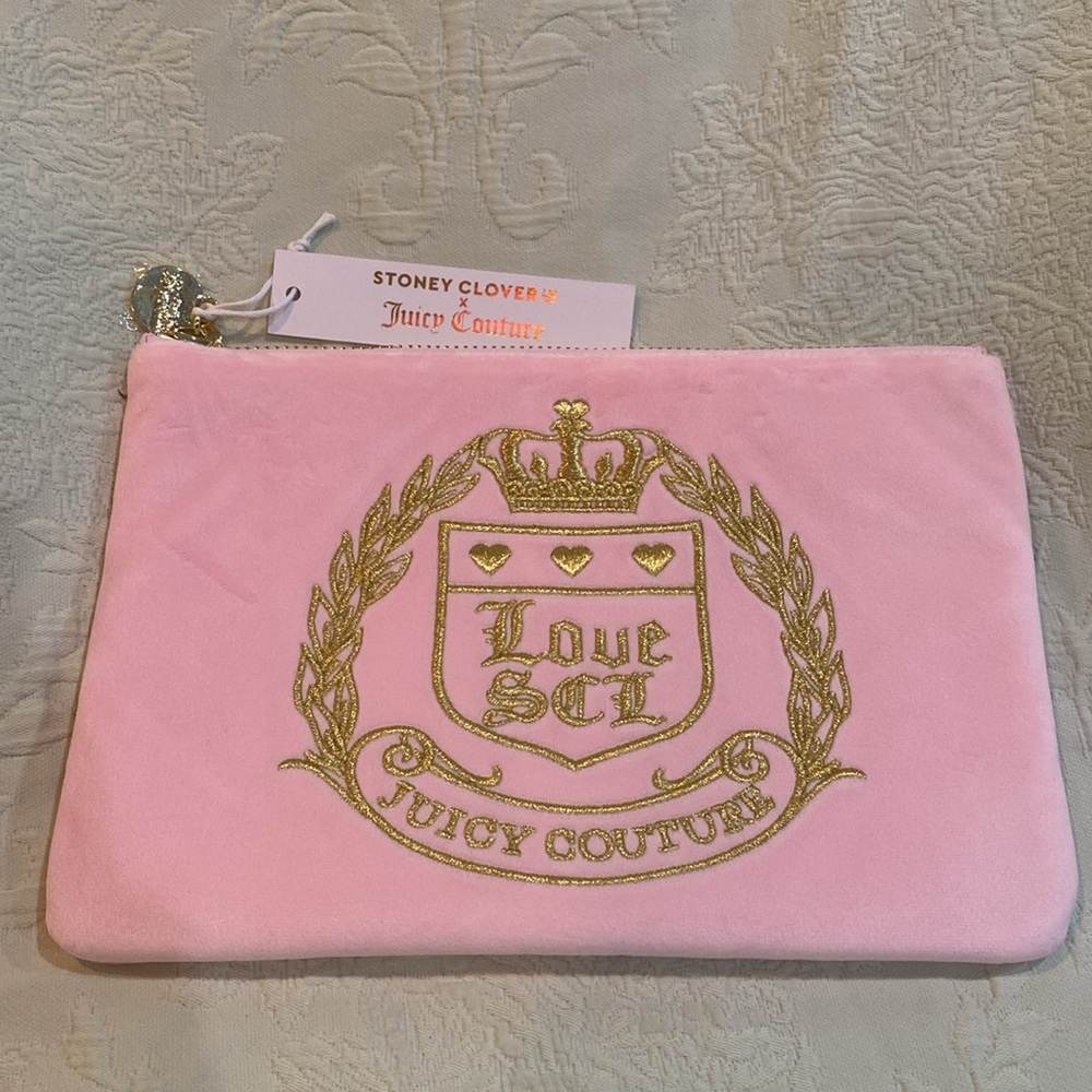 Stoney Clover Lane x Juicy Couture Pink Velvet Clutch w gold Embroidery NWT
